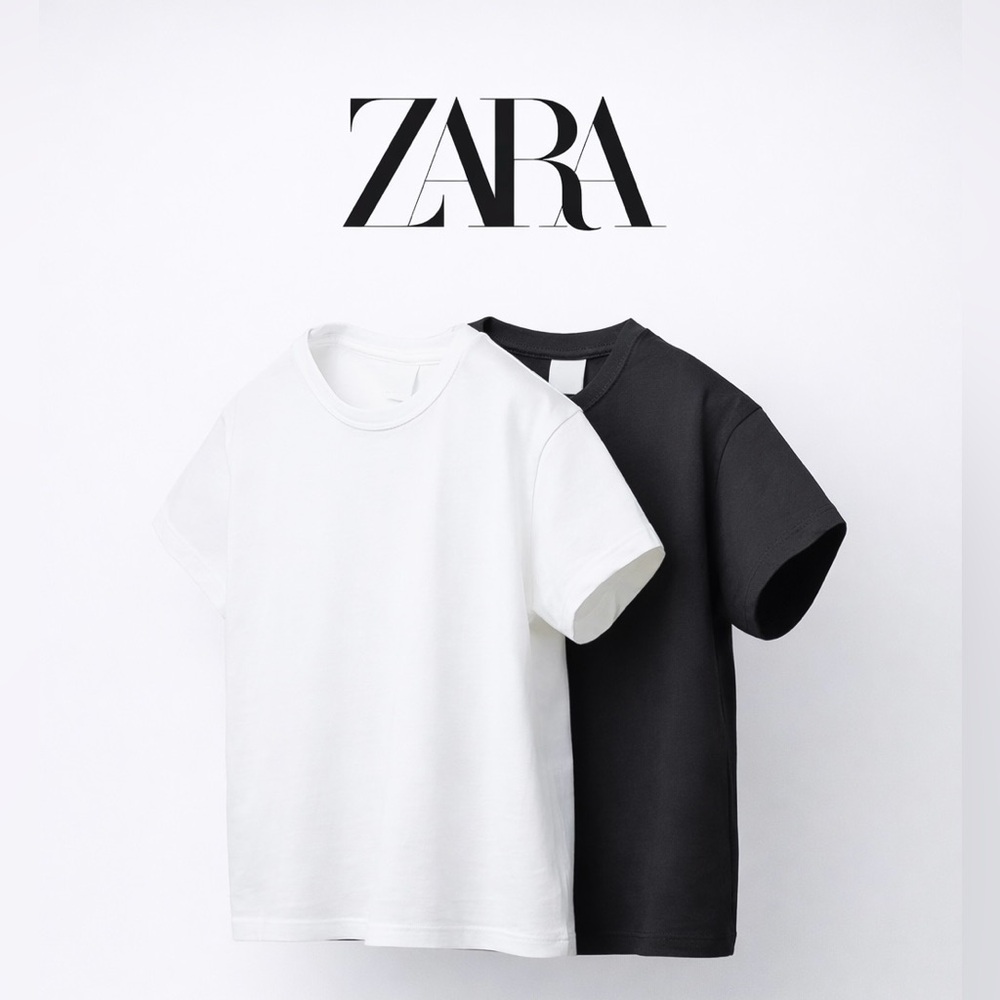 ZARA Set of 2 Crew Neck Short Sleeve T-Shirts 100% Cotton Black White M